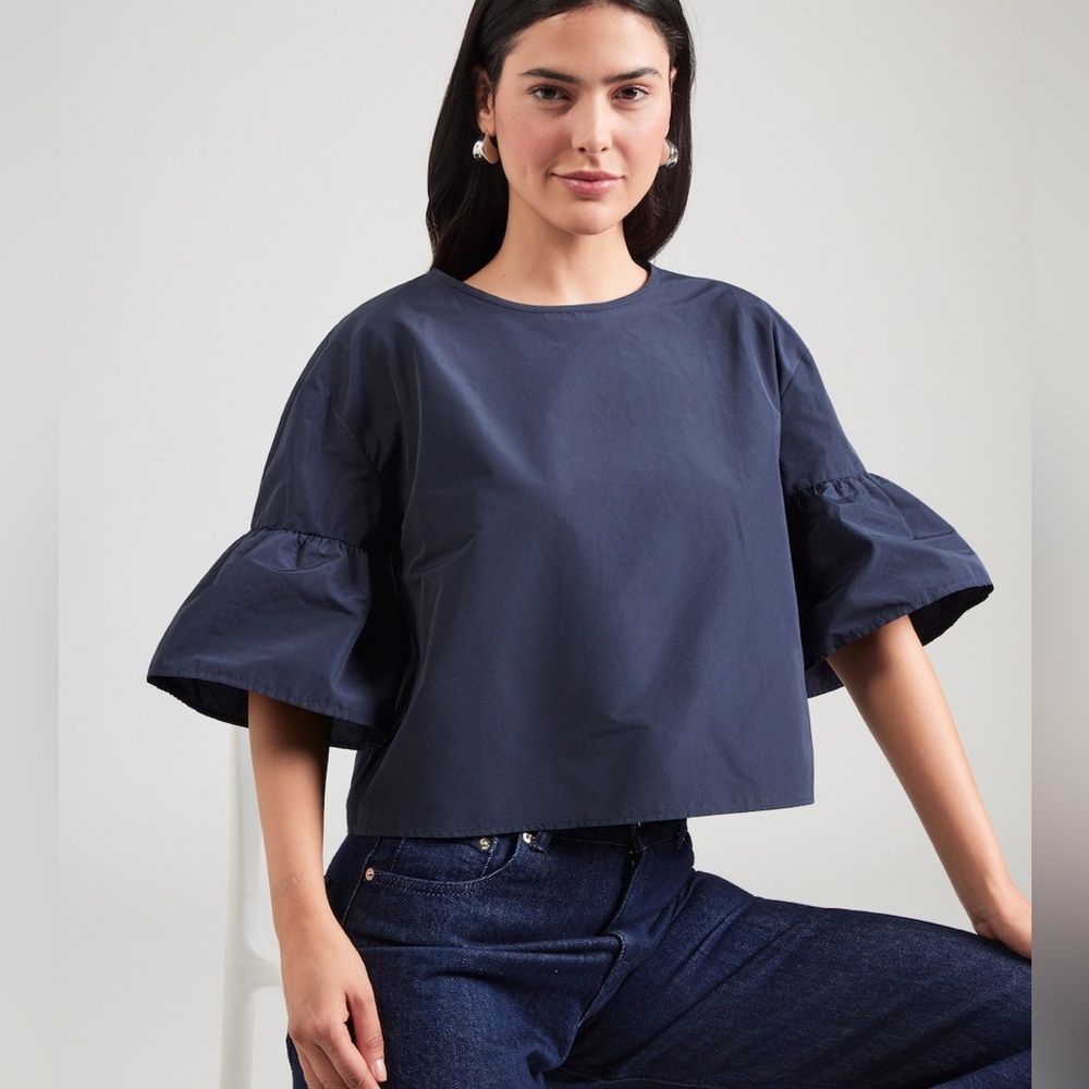 MaxMara Navy Cotton taffeta Puff-Sleeve blue Boxy blouse Top